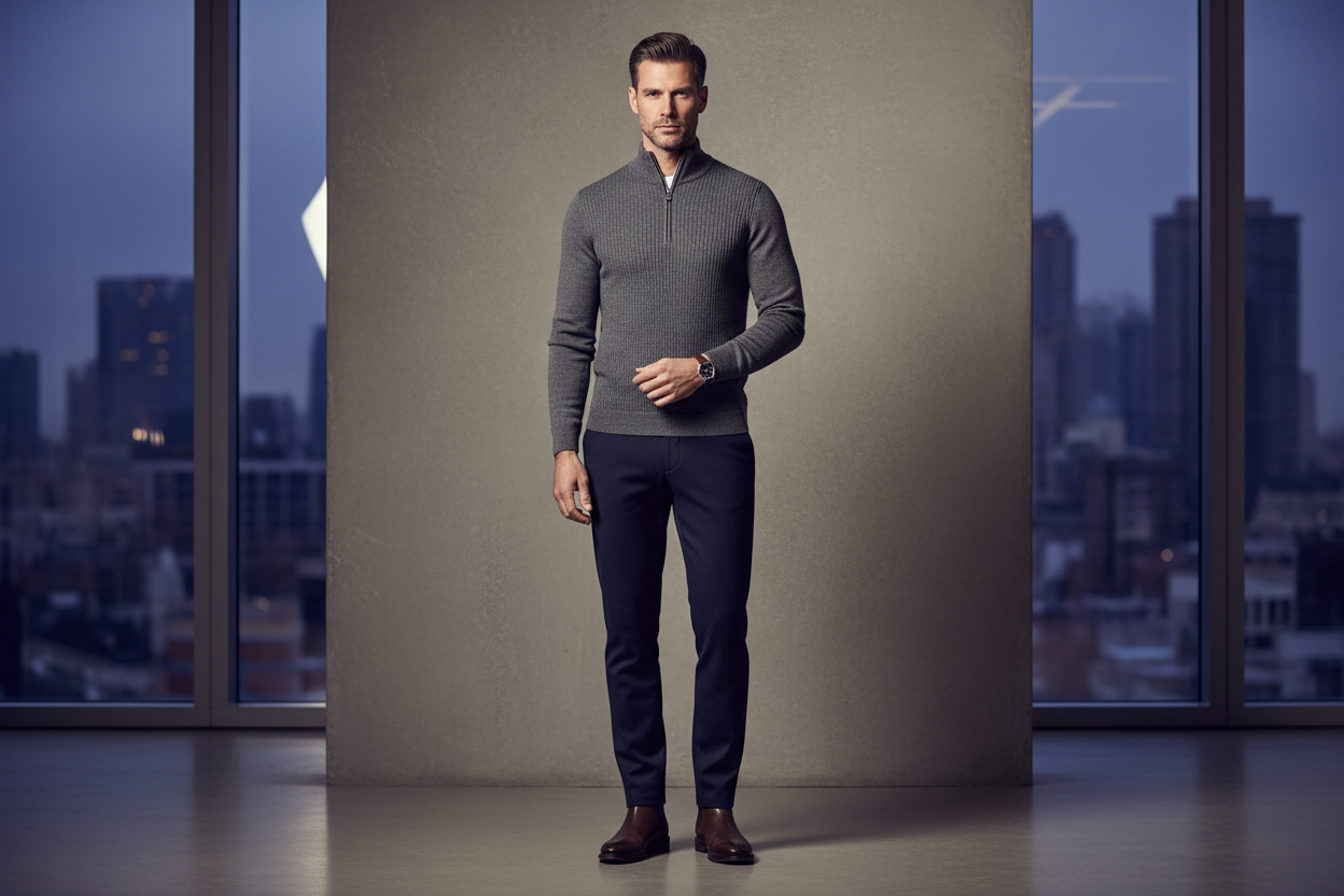 Mann in Eleganteren Kleidung wie Quarterzipt oder Turtleneck